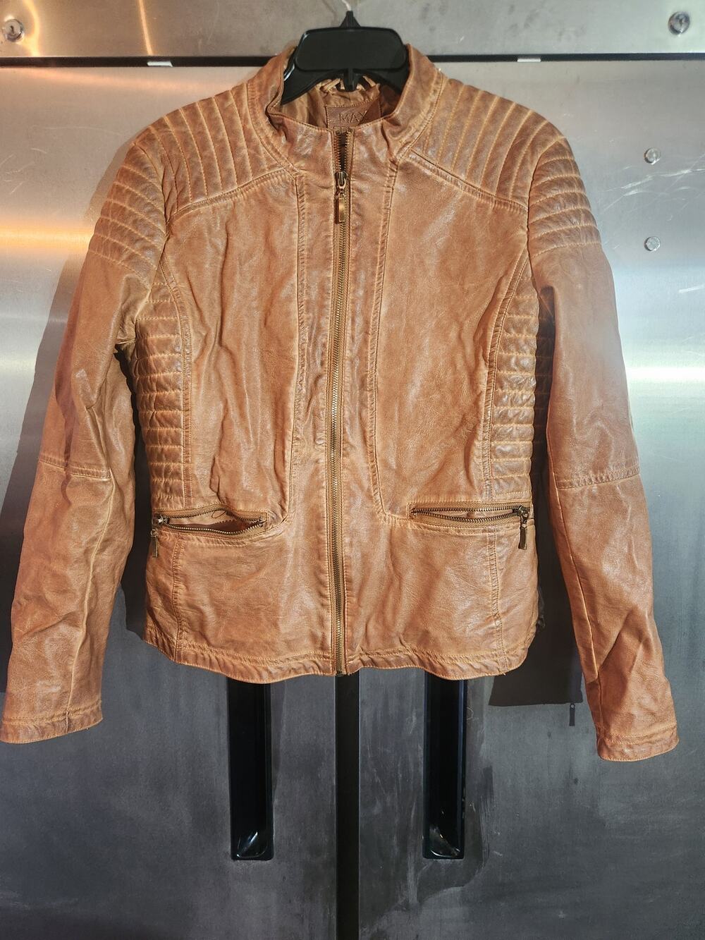 Max Edition Faux Leather Quilted Moto Jacket Distressed Tan Size XL